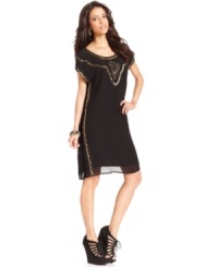 Global-inspired sequins and beading add shine to this Lucky Brand Jeans chiffon dress -- perfect for a day-to-night look! Global-inspired sequins and beading add shine to this Lucky Brand Jeans chiffon dress -- perfect for a day-to-night look!