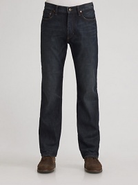 Dressed-up denim is cut with straight legs in a soft wash and ultra-dark rinse. Five-pocket style Zip fly Signature back patch Inseam, about 34 Cotton; machine wash Imported