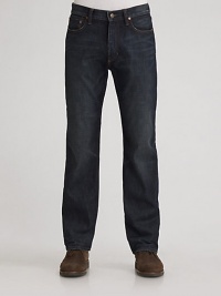 Dressed-up denim is cut with straight legs in a soft wash and ultra-dark rinse. Five-pocket style Zip fly Signature back patch Inseam, about 34 Cotton; machine wash Imported Dressed-up denim is cut with straight legs in a soft wash and ultra-dark rinse. Five-pocket style Zip fly Signature back patch Inseam, about 34 Cotton; machine wash Imported