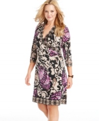 Wrap up a stunning look with Alfani's three-quarter sleeve plus size dress, accented by a vivid print-- it's perfect from day to play! Wrap up a stunning look with Alfani's three-quarter sleeve plus size dress, accented by a vivid print-- it's perfect from day to play!