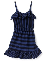 Nautical-inspired stripes meet sweet ruffle detailing at the neck and hem for an easy, sleeveless party dress. Nautical-inspired stripes meet sweet ruffle detailing at the neck and hem for an easy, sleeveless party dress.