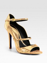 Embossed metallic leather sandal with adjustable Mary Jane straps and an ultra-high heel. Self-covered heel, 4½ (115mm)Embossed metallic leather upperLeather lining and solePadded insoleImportedOUR FIT MODEL RECOMMENDS ordering one size up as this style runs small. Embossed metallic leather sandal with adjustable Mary Jane straps and an ultra-high heel. Self-covered heel, 4½ (115mm)Embossed metallic leather upperLeather lining and solePadded insoleImportedOUR FIT MODEL RECOMMENDS ordering one size up as this style runs small.