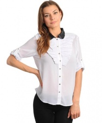 G2 Fashion Square Women's Pleated Chiffon Tier Bib Button Down Blouse