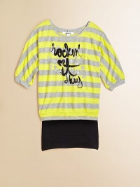 A lightweight top gets a fashion-forward update with bold, contrasting stripes, glittery stars and rock-inspired lettering.ScoopneckDolman sleevesPullover styleBanded hem60% polyester/40% rayonMachine washImported A lightweight top gets a fashion-forward update with bold, contrasting stripes, glittery stars and rock-inspired lettering.ScoopneckDolman sleevesPullover styleBanded hem60% polyester/40% rayonMachine washImported