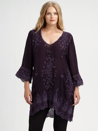 Where eyelet details go, gorgeous style follows. This impeccable design will pair perfectly with leggings or skinny jeans. V-neckThree-quarter sleevesScalloped trimEmbroidered and eyelet detailsPull-on styleHi-lo hemAbout 36 from shoulder to hemRayonMachine washImported Where eyelet details go, gorgeous style follows. This impeccable design will pair perfectly with leggings or skinny jeans. V-neckThree-quarter sleevesScalloped trimEmbroidered and eyelet detailsPull-on styleHi-lo hemAbout 36 from shoulder to hemRayonMachine washImported