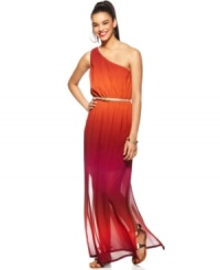 Like the colors of the setting sun, Bar III's ombre maxi dress makes a stunning impact! The one-shoulder styling and a metallic belt complete the look. Like the colors of the setting sun, Bar III's ombre maxi dress makes a stunning impact! The one-shoulder styling and a metallic belt complete the look.