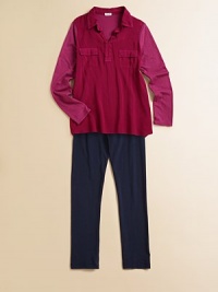 Lightweight shirt with classic styling, updated by a two-tone design, three-quarter roll-tab sleeves and a hi-low hem for your little girl.Point collarV-neckLong sleevesFlap chest pocketsHi-lo hemRayonMachine washImported Lightweight shirt with classic styling, updated by a two-tone design, three-quarter roll-tab sleeves and a hi-low hem for your little girl.Point collarV-neckLong sleevesFlap chest pocketsHi-lo hemRayonMachine washImported