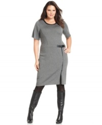 Wow them at work in Design 365's plus size sweater dress, accented by faux leather trim. Wow them at work in Design 365's plus size sweater dress, accented by faux leather trim.