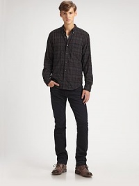 A relaxed, straight-leg fit in a rich, inky wash makes for a classic look. Five-pocket styleLeather logo patch on back waistInseam, about 3498% cotton/2% spandexMachine washMade in USA A relaxed, straight-leg fit in a rich, inky wash makes for a classic look. Five-pocket styleLeather logo patch on back waistInseam, about 3498% cotton/2% spandexMachine washMade in USA