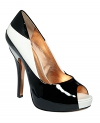 Amp up your look in the latest high-volume style. BCBGeneration's shiny Liberty Peep Toe Pumps go retro with a chic, color block pattern and patent surface. Amp up your look in the latest high-volume style. BCBGeneration's shiny Liberty Peep Toe Pumps go retro with a chic, color block pattern and patent surface.