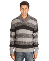 With a shawl collar and striped design, this Marc Ecko Cut & Sew sweater is cozy and classy. With a shawl collar and striped design, this Marc Ecko Cut & Sew sweater is cozy and classy.