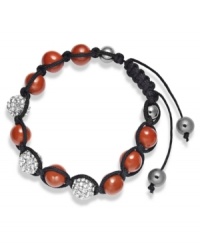 Spritual-inspired bracelets are all the rage this season! Snap up this hot style from Ali Khan featuring semi-precious red jasper beads and pave glass fireballs on a trendy black cord. Bracelet adjusts to fit the wrist. Approximate diameter: 2 inches. Approximate length: 12-1/4 inches. Spritual-inspired bracelets are all the rage this season! Snap up this hot style from Ali Khan featuring semi-precious red jasper beads and pave glass fireballs on a trendy black cord. Bracelet adjusts to fit the wrist. Approximate diameter: 2 inches. Approximate length: 12-1/4 inches.
