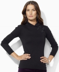 Lauren Ralph Lauren's soft cotton top is crafted with a heritage shawl collar and luxurious knotted buttons at the left shoulder. Lauren Ralph Lauren's soft cotton top is crafted with a heritage shawl collar and luxurious knotted buttons at the left shoulder.