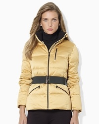 A modernized classic, the mockneck down jacket is given a chic belt for a slimming and stylish look.