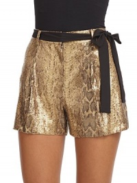 THE LOOKAllover sequined snake printWaistband with belt loopsRibbon tie waistZip fly with slide tab closureBack welt pocketsTHE FITAbout 11 from waist to hemTHE MATERIALPolyesterFully linedCARE & ORIGINDry cleanImportedModel shown is 5'9 (175cm) wearing US size 4. THE LOOKAllover sequined snake printWaistband with belt loopsRibbon tie waistZip fly with slide tab closureBack welt pocketsTHE FITAbout 11 from waist to hemTHE MATERIALPolyesterFully linedCARE & ORIGINDry cleanImportedModel shown is 5'9 (175cm) wearing US size 4.
