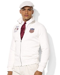 Crafted from luxuriously soft fleece in a trim, modern fit, a full-zip jacket is accented with bold country embroidery, celebrating Team USA's participation in the 2012 Olympic Games. Crafted from luxuriously soft fleece in a trim, modern fit, a full-zip jacket is accented with bold country embroidery, celebrating Team USA's participation in the 2012 Olympic Games.