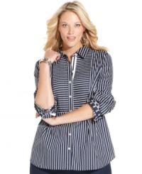 Charter Club's striped plus size shirt is a must-have for your day to play wardrobe-- dress it up with trousers or down with denim. (Clearance) Charter Club's striped plus size shirt is a must-have for your day to play wardrobe-- dress it up with trousers or down with denim. (Clearance)