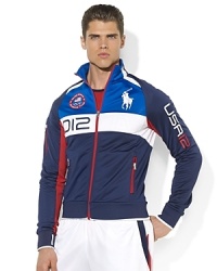 Crafted from breathable microfiber with a soft fleece lining, this full-zip track jacket is designed with ventilating mesh insets and bold country details, celebrating Team USA's participation in the 2012 Olympic Games.