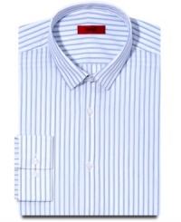 With a strong stripe and a slim fit, this Hugo Boss shirt makes a sophisticated statement in any wardrobe. With a strong stripe and a slim fit, this Hugo Boss shirt makes a sophisticated statement in any wardrobe.