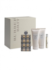 Burberry Brit for Women epitomizes modern day British style. Classic, fresh and feminine, it is a timeless scent with a spirited attitude. Experience Burberry Brit for Women with this Gift Set that includes a 3.3 oz. Eau de Parfum Spray, 3.3 oz. Energizing Body Lotion, 3.3 oz. Refreshing Shower Gel and 0.25 oz. travel-size Purse Spray in a gift-ready box. Burberry Brit for Women epitomizes modern day British style. Classic, fresh and feminine, it is a timeless scent with a spirited attitude. Experience Burberry Brit for Women with this Gift Set that includes a 3.3 oz. Eau de Parfum Spray, 3.3 oz. Energizing Body Lotion, 3.3 oz. Refreshing Shower Gel and 0.25 oz. travel-size Purse Spray in a gift-ready box.