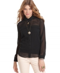Score a totally polished look in this sheer, swiss-dot-print button-down top from American Rag! Score a totally polished look in this sheer, swiss-dot-print button-down top from American Rag!