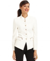 Creamy white fabric and festive tooled goldtone buttons brighten up Tahari by ASL's military-inspired jacket. Creamy white fabric and festive tooled goldtone buttons brighten up Tahari by ASL's military-inspired jacket.