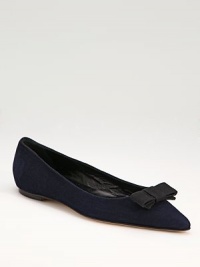 Rich suede, punctuated by a bow, rendered in an incredibly elegant silhouette.Heel, ¼ (5mm) Pointed toe Leather lining and sole Padded insole Made in ItalyOUR FIT MODEL RECOMMENDS ordering one size up as this style runs small. Rich suede, punctuated by a bow, rendered in an incredibly elegant silhouette.Heel, ¼ (5mm) Pointed toe Leather lining and sole Padded insole Made in ItalyOUR FIT MODEL RECOMMENDS ordering one size up as this style runs small.