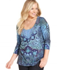 Punch up your casual look with One World's sublimated-print plus size top! Punch up your casual look with One World's sublimated-print plus size top!