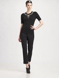 Ornate beading decorates the neckline of this soft cashmere/silk blend pullover.Jewel necklineShort sleevesBeaded embroideryBack keyhole button closureAbout 26 from shoulder to hem70% cashmere/30% silkDry cleanMade in ItalyModel shown is 5'10½ (179cm) wearing US size Small. Ornate beading decorates the neckline of this soft cashmere/silk blend pullover.Jewel necklineShort sleevesBeaded embroideryBack keyhole button closureAbout 26 from shoulder to hem70% cashmere/30% silkDry cleanMade in ItalyModel shown is 5'10½ (179cm) wearing US size Small.