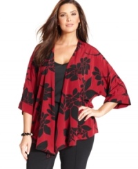 Layer your sleeveless styles with Aflani's floral-print plus size jacket, featuring a draped open front. (Clearance) Layer your sleeveless styles with Aflani's floral-print plus size jacket, featuring a draped open front. (Clearance)