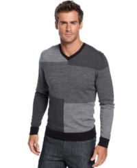 Square up your fall style with this handsome color-blocked, v-neck sweater from Alfani. Square up your fall style with this handsome color-blocked, v-neck sweater from Alfani.
