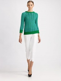 Chunkily knit bi-color cotton, in a snug-fitting style offset by contrast bands at every edge.Rib-knit crewneck, cuffs and hemThree-quarter raglan sleevesAbout 24 from shoulder to hemCottonDry cleanMade in Italy of imported fabricModel shown is 5'10 (177cm) wearing US size 4. Chunkily knit bi-color cotton, in a snug-fitting style offset by contrast bands at every edge.Rib-knit crewneck, cuffs and hemThree-quarter raglan sleevesAbout 24 from shoulder to hemCottonDry cleanMade in Italy of imported fabricModel shown is 5'10 (177cm) wearing US size 4.