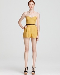 Hello, Sunshine! This fantastically retro strapless romper takes its style inspiration from '50s femininity with perky polka dots, structured seaming and perfectly placed pleats. Simply wrap the belt and add strappy shoes. Hello, Sunshine! This fantastically retro strapless romper takes its style inspiration from '50s femininity with perky polka dots, structured seaming and perfectly placed pleats. Simply wrap the belt and add strappy shoes.