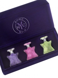 Three of the most sought-after Bond No. 9 best-sellers--the Scent of Peace, Chelsea Flowers, and Central Park West are covered in sparkling Swarovski stones and united, like the perfume VIPs they are, in mini-sizes of our signature superstar bottle. Outfitted in their own purple velvet coffret with fold-over cover. 0.17 mL. each. Made in USA. Three of the most sought-after Bond No. 9 best-sellers--the Scent of Peace, Chelsea Flowers, and Central Park West are covered in sparkling Swarovski stones and united, like the perfume VIPs they are, in mini-sizes of our signature superstar bottle. Outfitted in their own purple velvet coffret with fold-over cover. 0.17 mL. each. Made in USA.