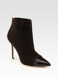 An eternally chic suede design with a patent leather point toe, exposed goldtone zipper and fierce heel. Self-covered heel, 4 (100mm)Suede and patent leather upperPatent leather point toeBack zipLeather lining and solePadded insoleMade in Italy An eternally chic suede design with a patent leather point toe, exposed goldtone zipper and fierce heel. Self-covered heel, 4 (100mm)Suede and patent leather upperPatent leather point toeBack zipLeather lining and solePadded insoleMade in Italy
