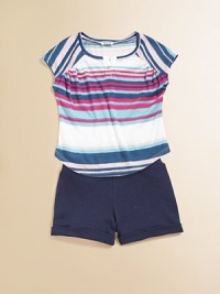 Delivering two striking pieces in one package, a vibrant striped knit is paired with wear-everywhere cuffed shorts for a playtime or dinnertime ensemble. Top Crewneck with v-insetShort cap sleevesFront buttonRound hem Short Elastic waistbandCuffed hem50% cotton/50% modalMachine washMade in USA Delivering two striking pieces in one package, a vibrant striped knit is paired with wear-everywhere cuffed shorts for a playtime or dinnertime ensemble. Top Crewneck with v-insetShort cap sleevesFront buttonRound hem Short Elastic waistbandCuffed hem50% cotton/50% modalMachine washMade in USA