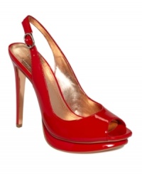 Seriously sexy. A high-shine patent upper lends a striking finish to the Markus slingback pumps by BCBGeneration. In combination with their open-toe silhouette, a sky-high stiletto heel is sure to turn heads. Seriously sexy. A high-shine patent upper lends a striking finish to the Markus slingback pumps by BCBGeneration. In combination with their open-toe silhouette, a sky-high stiletto heel is sure to turn heads.