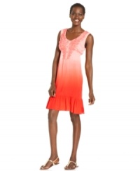 All about ombre: One World's simple dress is pumped up by pretty appliques and goldtone buttons at the chest.