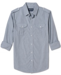 A mini-stripe pattern gives this military-style shirt from American Rag its four-star style. A mini-stripe pattern gives this military-style shirt from American Rag its four-star style.