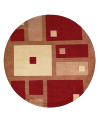 This round rug is ideal for open spaces. A striking cubistic design in red, ivory and creme creates an abstract rug with modern style and refined elegance. Hand-tufted and hand-carved of plush wool. This round rug is ideal for open spaces. A striking cubistic design in red, ivory and creme creates an abstract rug with modern style and refined elegance. Hand-tufted and hand-carved of plush wool.