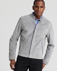 An exceptional suede jacket for the modern man, replete with pindot perforation detail that's augmented by solid panels at the side and under the arm, offers smooth sophistication and a bit of downtown edge for a maximum-cool look. An exceptional suede jacket for the modern man, replete with pindot perforation detail that's augmented by solid panels at the side and under the arm, offers smooth sophistication and a bit of downtown edge for a maximum-cool look.