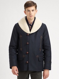 A winter classic topped with a shearling collar, toggle button-front and front pockets with exquisite leather trim.Button-frontChest welt, waist flap pocketsRear ventFully linedAbout 30 from shoulder to hemWoolDry cleanImportedFur origin: Portugal A winter classic topped with a shearling collar, toggle button-front and front pockets with exquisite leather trim.Button-frontChest welt, waist flap pocketsRear ventFully linedAbout 30 from shoulder to hemWoolDry cleanImportedFur origin: Portugal