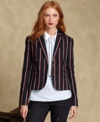 Tommy Hilfiger's fitted blazer makes a bold statement with preppy stripes, perfect for layering with button-front shirts and jeans. Tommy Hilfiger's fitted blazer makes a bold statement with preppy stripes, perfect for layering with button-front shirts and jeans.