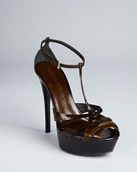 Perfect for warm weather or seasonless with tights, these Burberry T-strap platform sandals will be in step year-round. Polished leather lends an elegant touch. Perfect for warm weather or seasonless with tights, these Burberry T-strap platform sandals will be in step year-round. Polished leather lends an elegant touch.