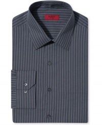 Fitted for a sleek silhouette. Pair Alfani's striped dress shirt with classic black trousers for instant work-ready style. Fitted for a sleek silhouette. Pair Alfani's striped dress shirt with classic black trousers for instant work-ready style.