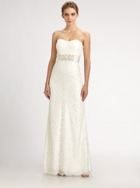 Romantic, prettily woven lace, in a strapless silhoeutte enhanced by an intricately beaded waistband detail.Strapless sweetheart necklineRuched beaded waistbandScalloped hemlineConcealed back zipFully linedAbout 46 from natural waistNylon/polyesterSpot cleanImportedModel shown is 5'10 (177cm) wearing US size 4. Romantic, prettily woven lace, in a strapless silhoeutte enhanced by an intricately beaded waistband detail.Strapless sweetheart necklineRuched beaded waistbandScalloped hemlineConcealed back zipFully linedAbout 46 from natural waistNylon/polyesterSpot cleanImportedModel shown is 5'10 (177cm) wearing US size 4.