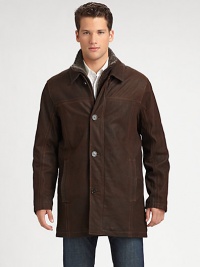 Impeccable stitching and attention to detail defines this luxurious walking coat shaped and structured in distressed Italian leather with removable shearling bib to ensure you'll remain warm and cozy all season long.Zip frontButtoned placketWaist slash pocketsFully linedAbout 34 from shoulder to hem LeatherDry cleanImported of Italian fabricFur origin: Portugal
