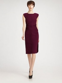 Crisp wool crepe, tailored with flattering, feminine ruching and a subtly curved hemline.BoatneckCap sleevesSide ruchingSide ventsCurved hemlineConcealed back zipAbout 29 from natural waistWoolDry cleanMade in FranceModel shown is 5'10 (177cm) wearing US size 4. Crisp wool crepe, tailored with flattering, feminine ruching and a subtly curved hemline.BoatneckCap sleevesSide ruchingSide ventsCurved hemlineConcealed back zipAbout 29 from natural waistWoolDry cleanMade in FranceModel shown is 5'10 (177cm) wearing US size 4.