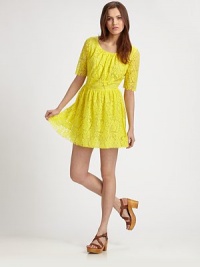 Figure-skimming shift in ladylike lace has a flared skirt, an elasticized drop waist and semi-sheer three-quarter sleeves. ScoopneckSemi-sheer three-quarter sleevesElasticized drop waistInvisible back zipperAbout 15 from natural waist65% cotton/35% nylonDry cleanMade in USA of imported fabricModel shown is 5'10 (177cm) wearing US size Small. Figure-skimming shift in ladylike lace has a flared skirt, an elasticized drop waist and semi-sheer three-quarter sleeves. ScoopneckSemi-sheer three-quarter sleevesElasticized drop waistInvisible back zipperAbout 15 from natural waist65% cotton/35% nylonDry cleanMade in USA of imported fabricModel shown is 5'10 (177cm) wearing US size Small.