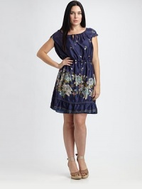 Leave it to this timeless, silk silhouette to flaunt your curves comfortably. Pretty lace trim and self-tie details add a charming touch.Self-tie detail at necklineCap sleevesDrawstring waistRuffle, lace trimAbout 41 from shoulder to hemSilkMachine washImported Leave it to this timeless, silk silhouette to flaunt your curves comfortably. Pretty lace trim and self-tie details add a charming touch.Self-tie detail at necklineCap sleevesDrawstring waistRuffle, lace trimAbout 41 from shoulder to hemSilkMachine washImported